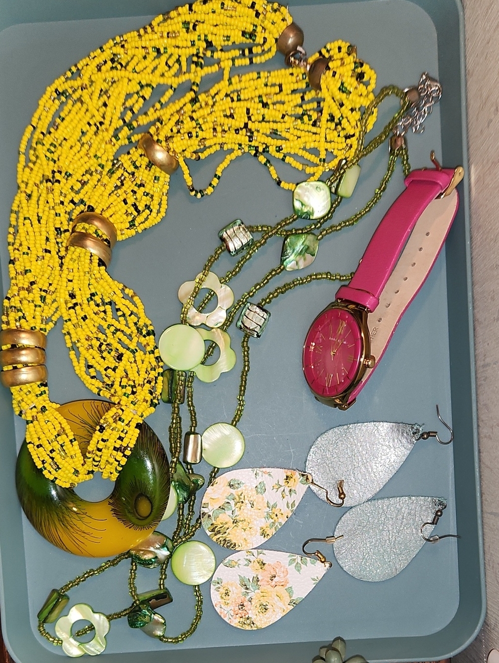 Anne Klein Pink Strap Fashion Watch with Yellow/Green Beaded Accessorie Bundle
